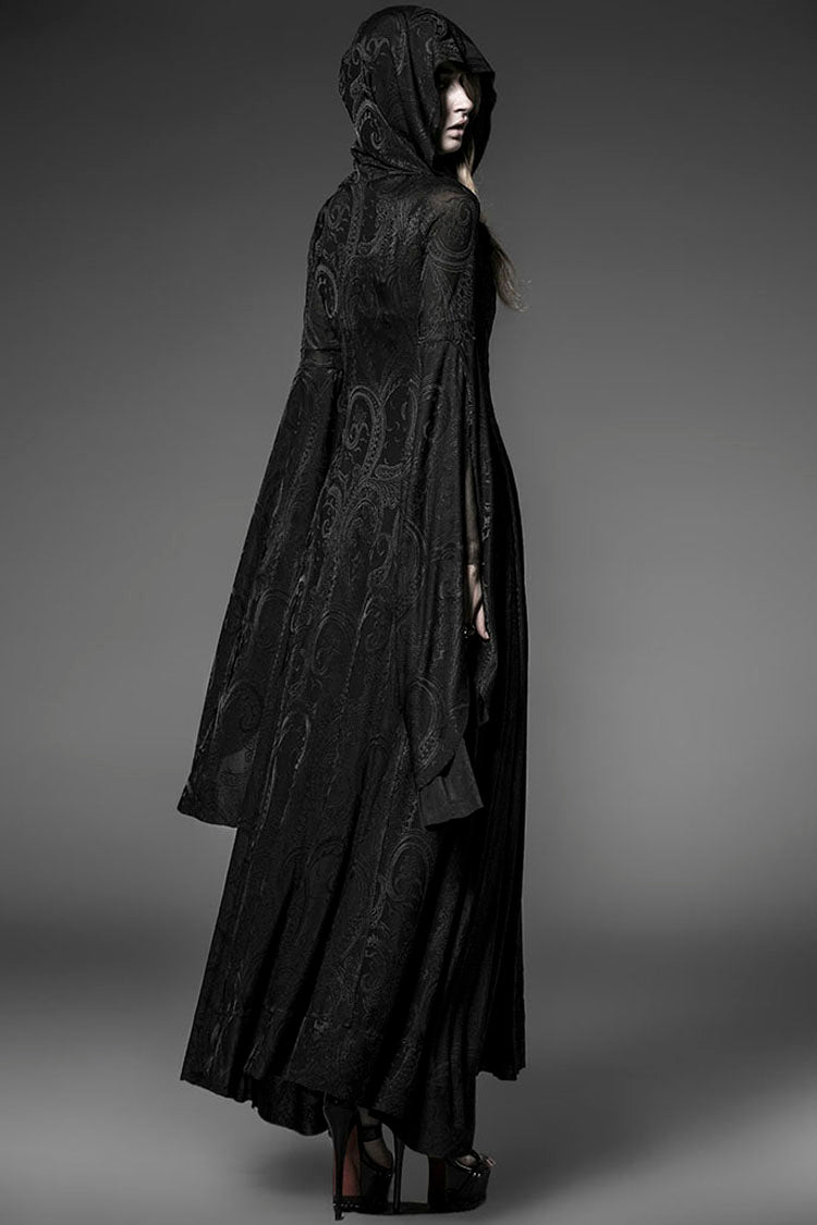 Women's Gothic Dress with Hooded Metal Buckle Long Trumpet Sleeves Embroidery