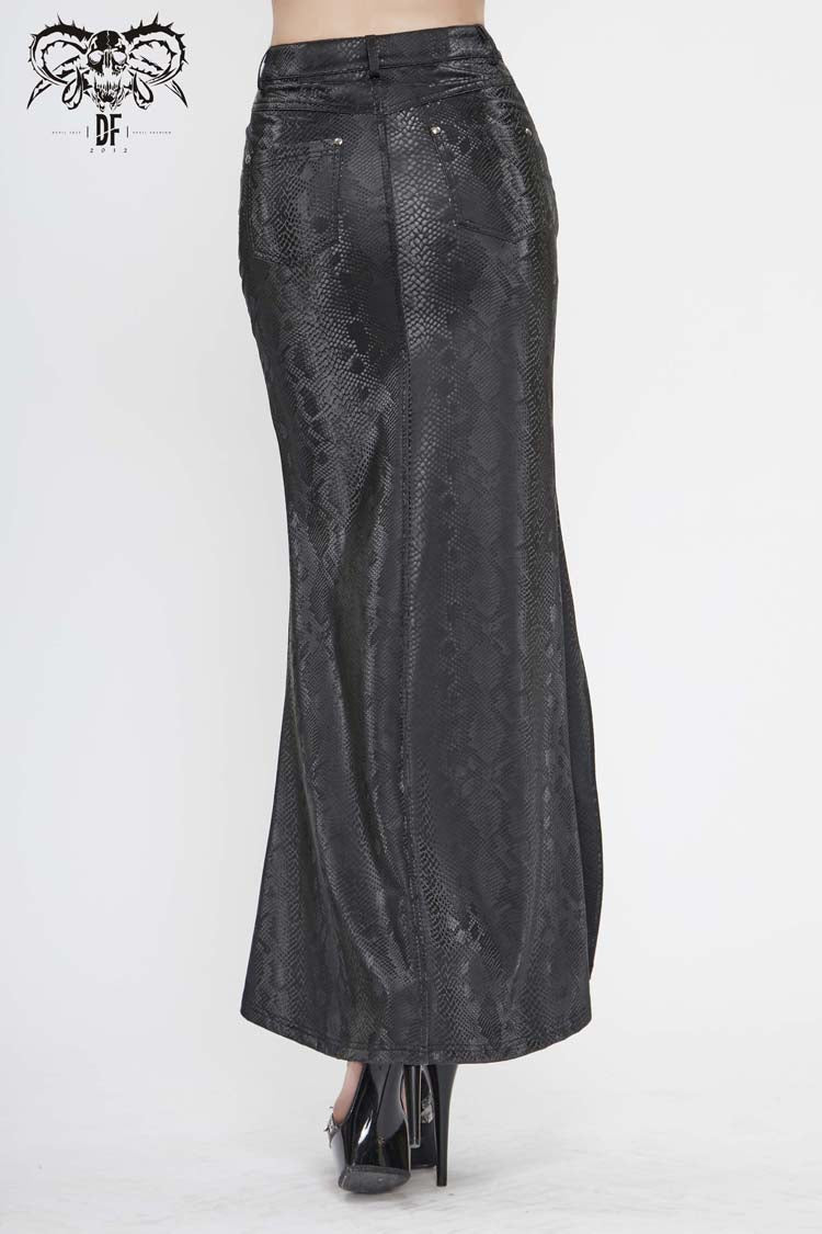 Leather-Like Side Slit Skirt with Lace-Up Rivets - Black Punk Long