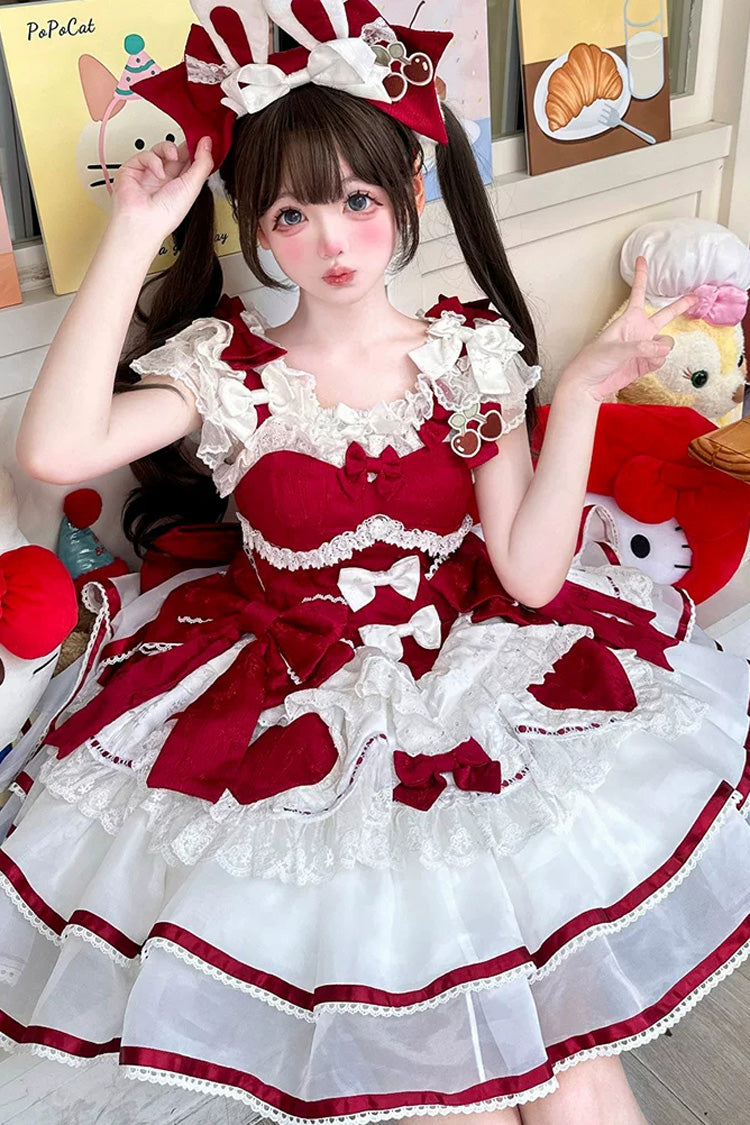 Red [Velvet Rabbit] Sleeveless Multi-Layered Ruffled Bow Sweet Lolita Jsk Dress Set