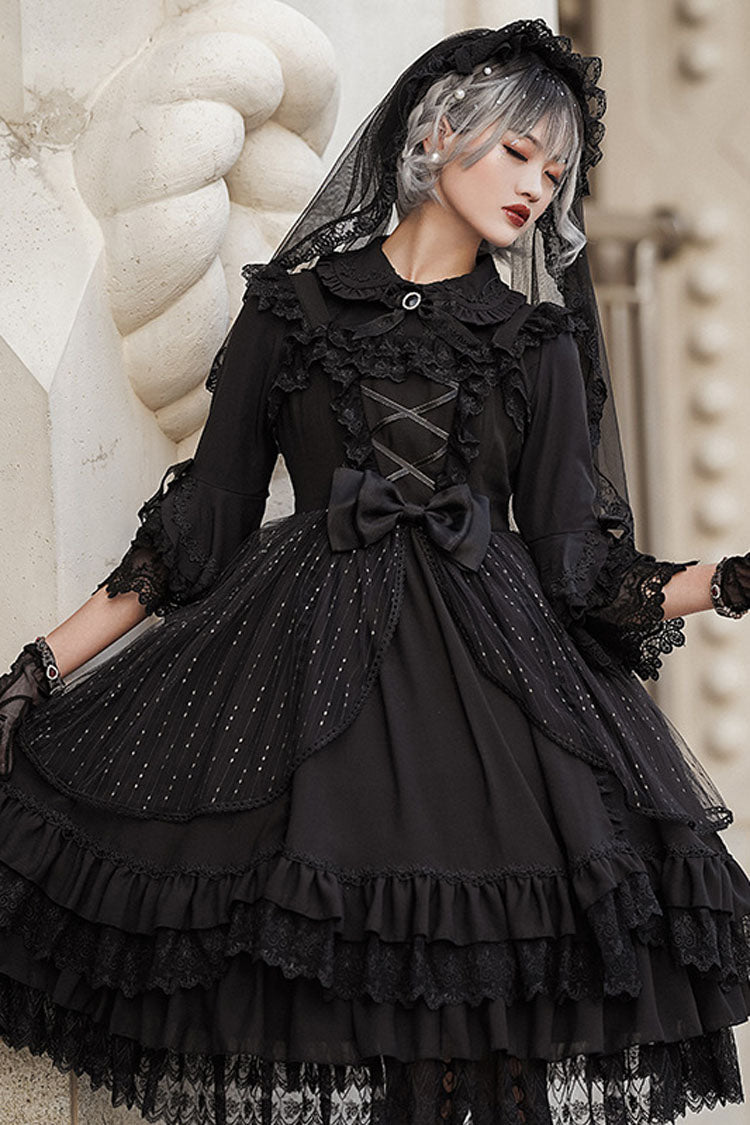 Gothic Lolita Dress with Lace Stitching, Bowknot, Multi-Layer Design