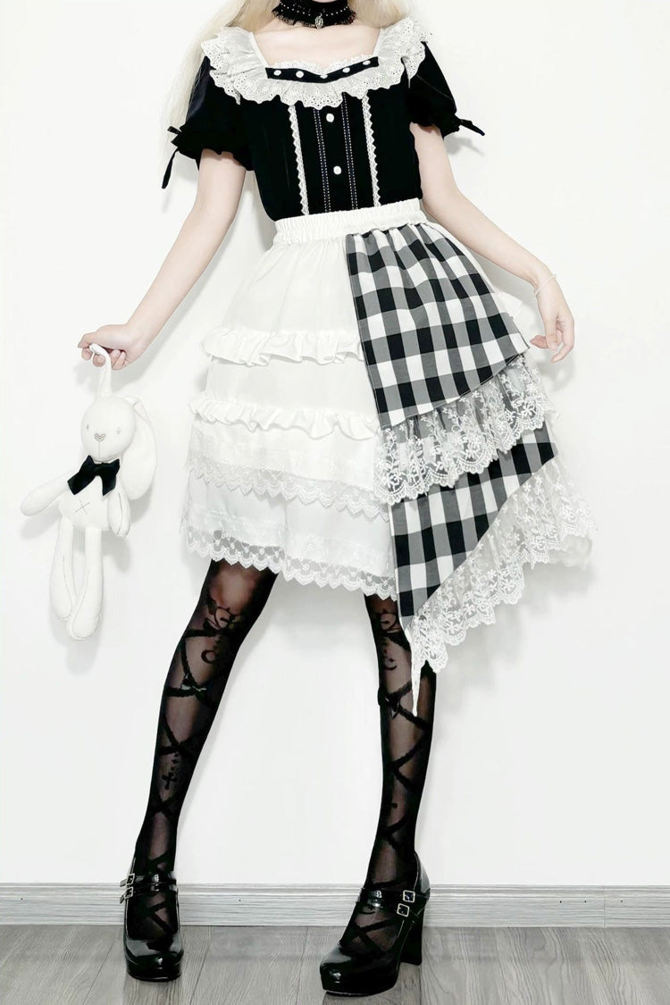 Monochrome Plaid Gothic Skirt Set with Lace and Asymmetric Hem