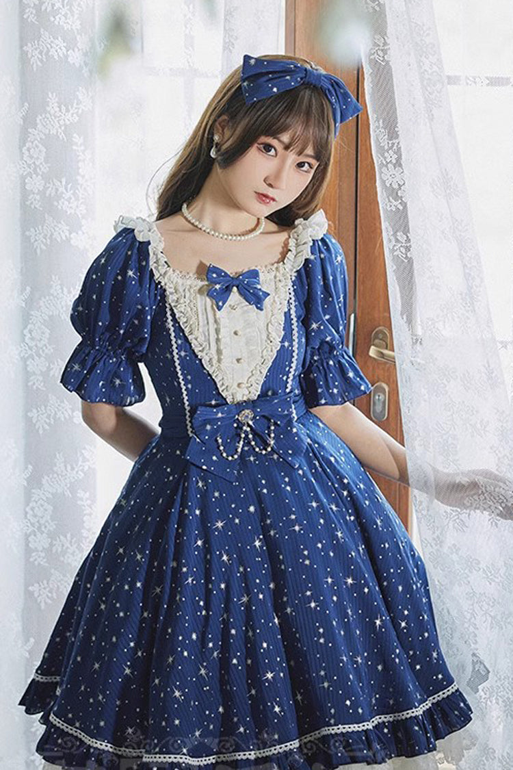Star Print Short-Sleeved Ruffled Bowknot Sweet OP