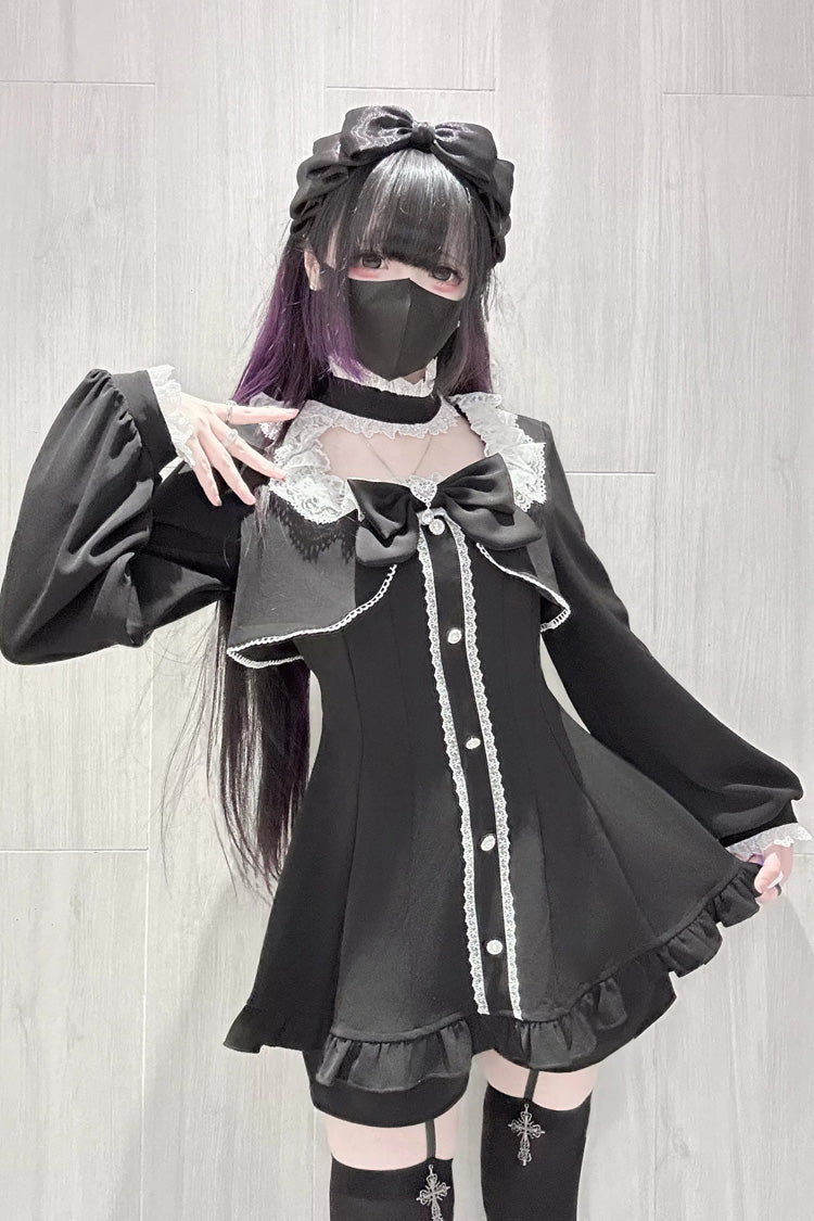 Noir Long Sleeve Ruffled Bow Lace Jirai Kei Dress Shorts Set - Twilight Prelude