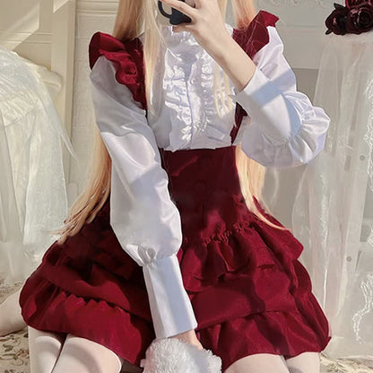 Lolita Red Button Ruffled Shirt Bubble Overalls Skirt Set