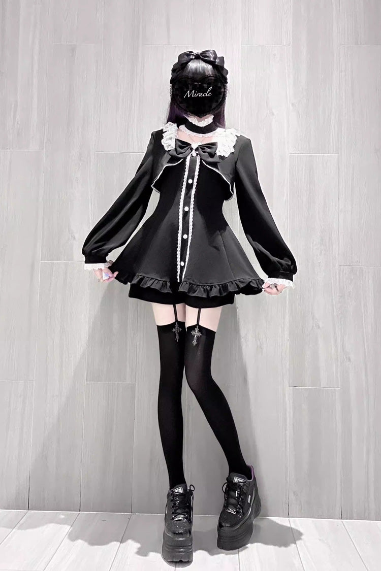 Noir Long Sleeve Ruffled Bow Lace Jirai Kei Dress Shorts Set - Twilight Prelude