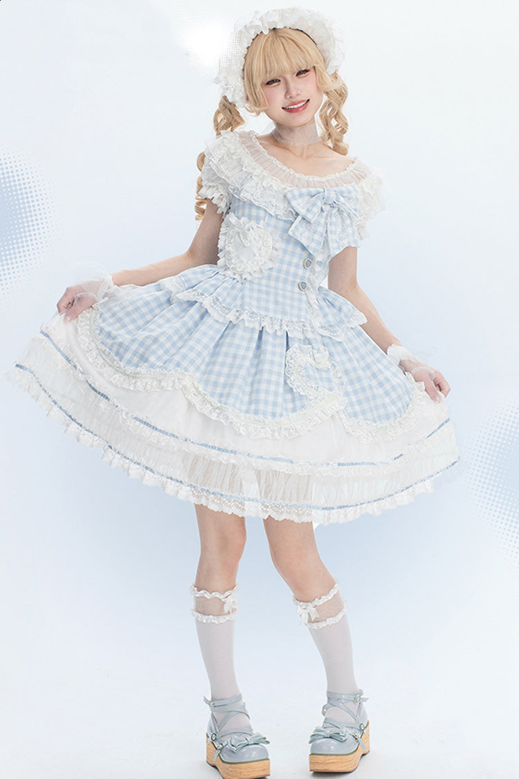 Tea Break Sweetheart Short Sleeve Plaid Print Ruffle Sweet Lolita Gown