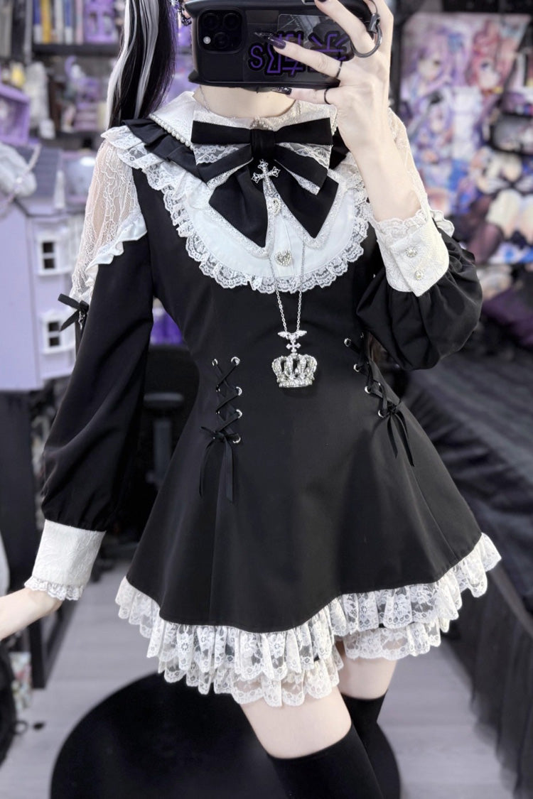 Black White Long Sleeve Hollow Bow Lace Lace-Up Sweet Jirai Kei Shorts Set