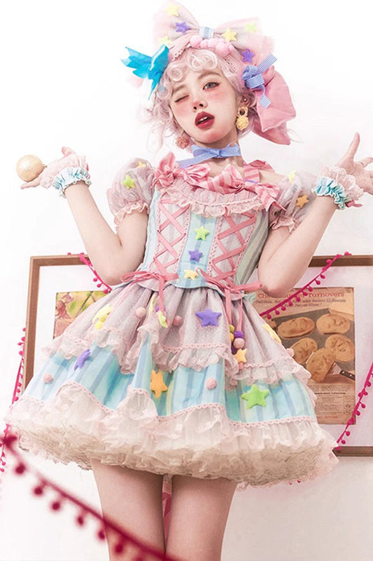 Pink Sugar Magic Printed Ruffle Bow Lace-Up Lolita Gown