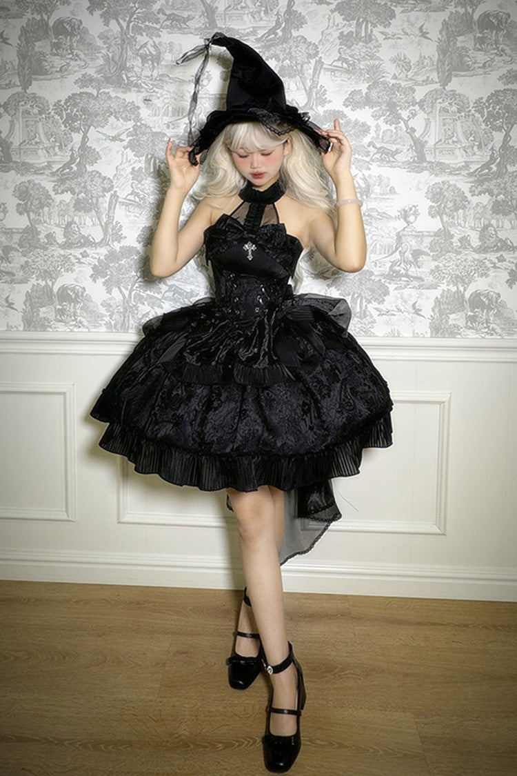 Solid Halterneck Ruffled Bowknot Drawstring Gothic Lolita Dress