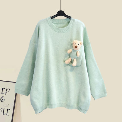 Sweet Bear Pullover Sweater Lapel Pleated Dress