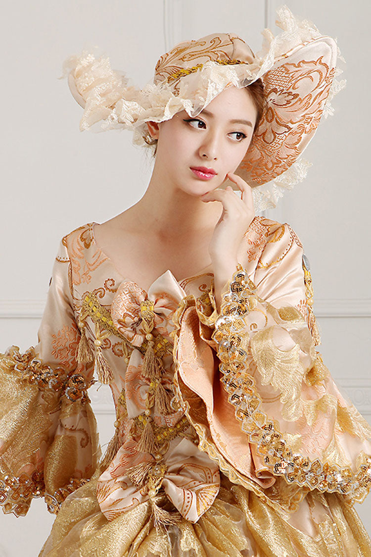 Beige Victorian Dress with Bow and Embroidered Floral Pattern - Altfashion Shop