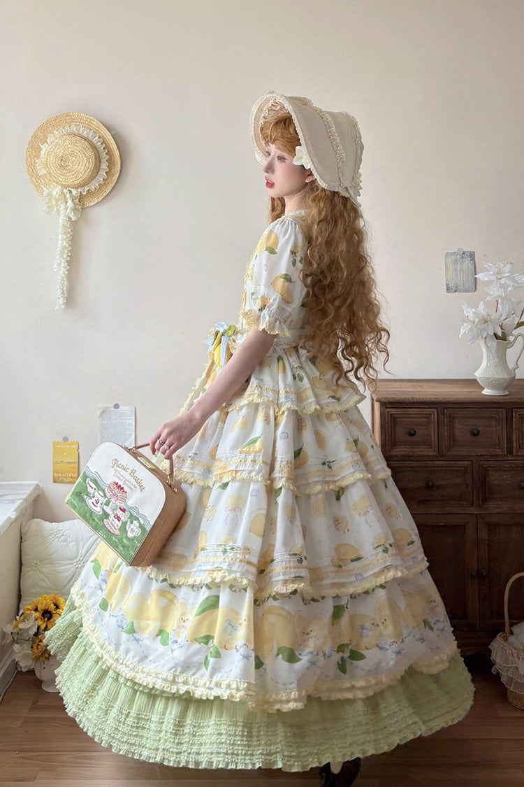 Triple-Layered Print Ruffled Bow Lace Sweet Gorgeous Lolita Dress - White Lemon Chicken
