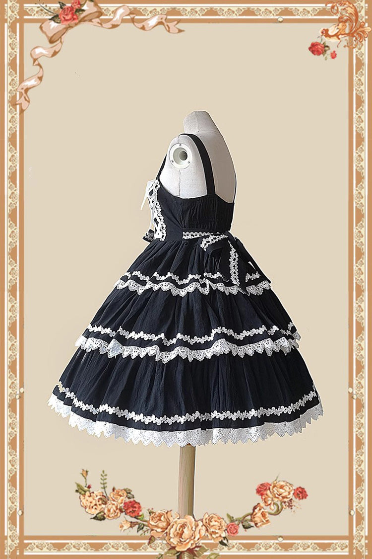 Black and White Three-Tiered Sweet Lolita Dress with Ribbon and Sleeveless