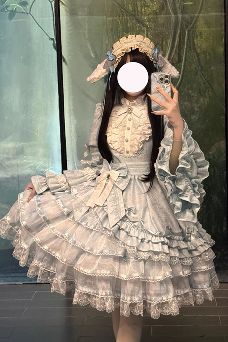 Soloist Doll Long Hime Sleeve Layered Print Ruffle Asymmetric Sweet Lolita Dress
