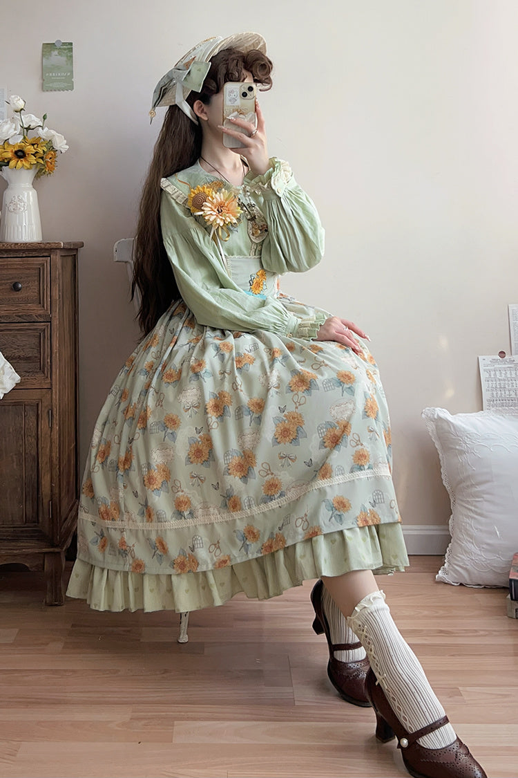Green Sunflower Sleeveless Floral Bow Elegant Uplift Jsk