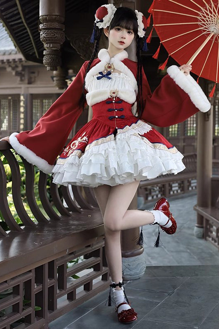 Embroidered Ruffled Bow Sweet Chinese JSK Dress in 2 Colorways