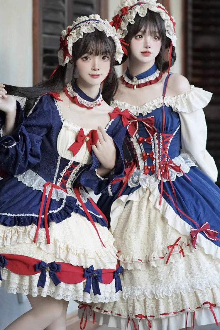 White-Blue Sweet Lolita Ruffle Cardigan Dress with Bowknot