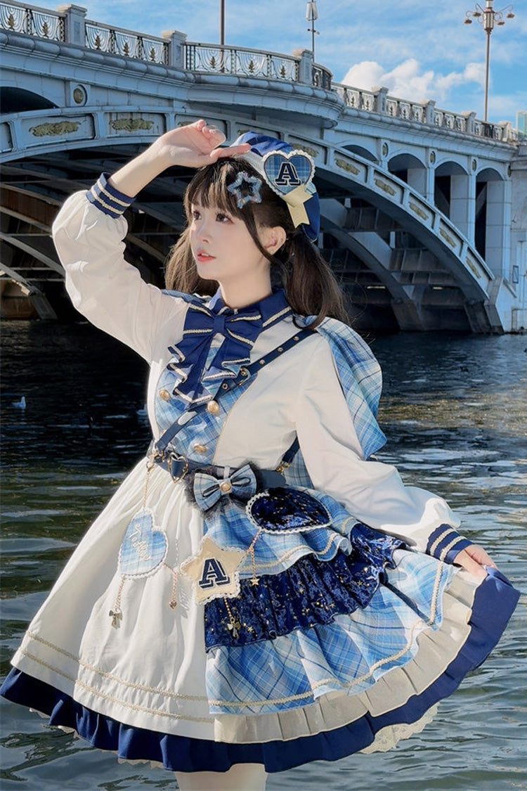White Blue Starlight Academy Style Long Sleeves Printed Ruffled Spliced Asymmetric Faux Two-Piece Sweet Dress