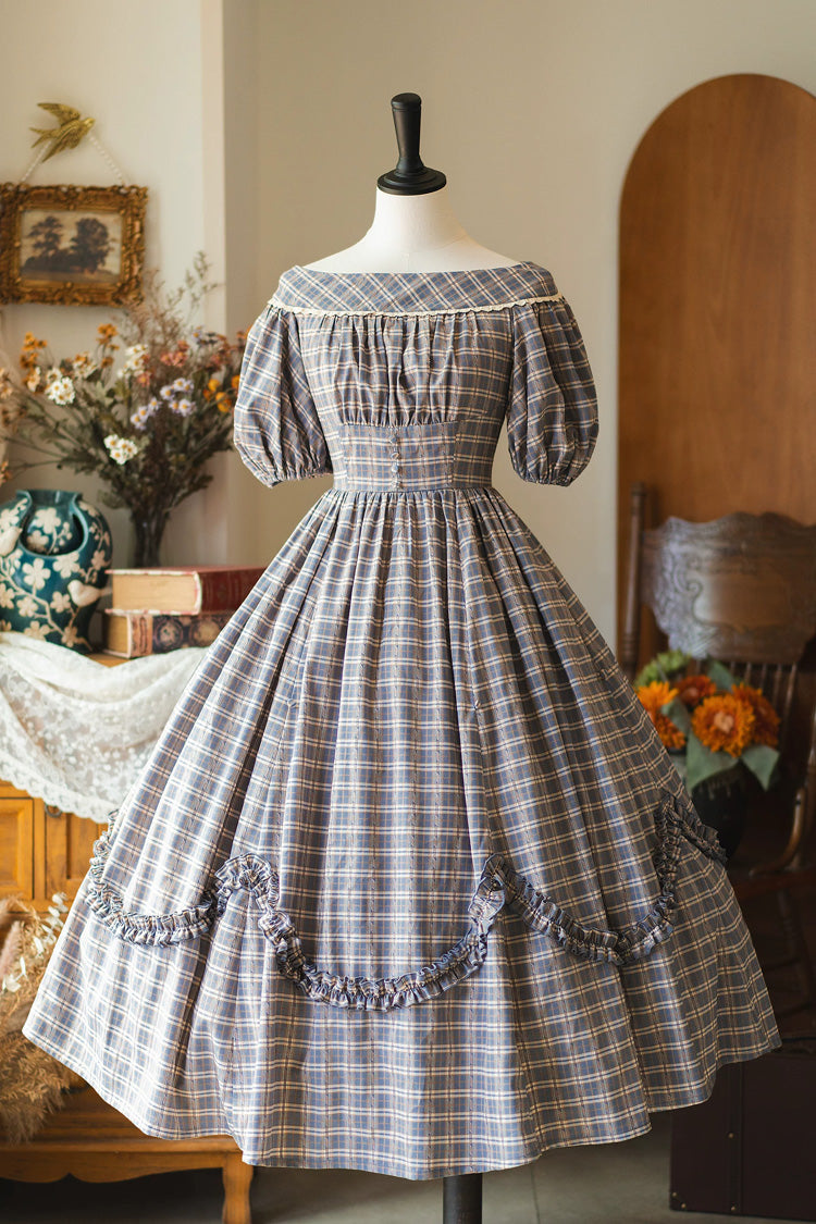 Vintage Elegant Lolita Dress with Boat Neck, Short Sleeves, Ruffled Hem, Grey/Blue