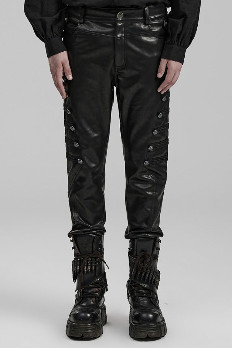 Black Buckle Faux Leather Steampunk Pants for Men