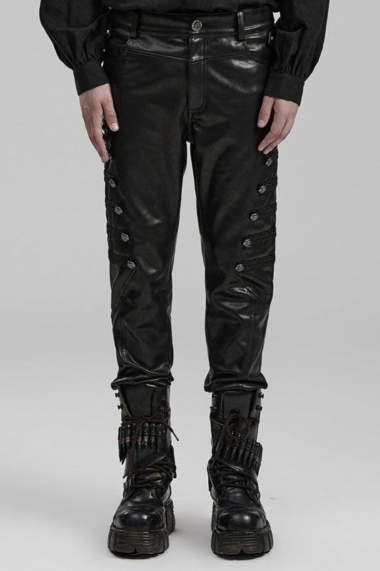 Black Buckle Faux Leather Steampunk Pants for Men