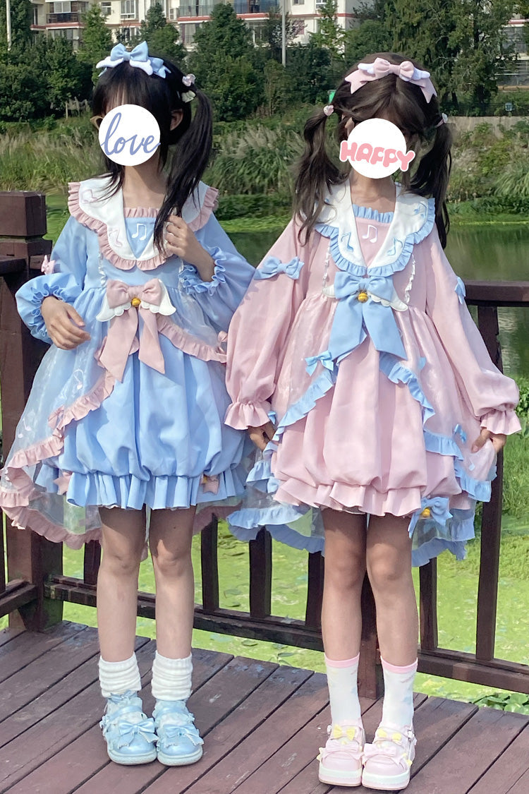 Music Note Print Blue Lace Sweet Lolita Dress with Bow