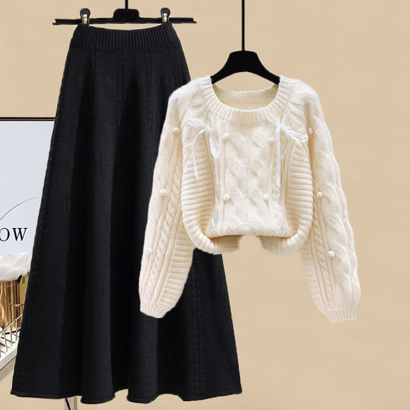 Pills Decor Cable Knit Sweater Skirt Set