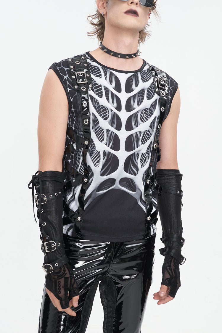 Monochrome Punk Vest with Round Collar and Cut-Out Print