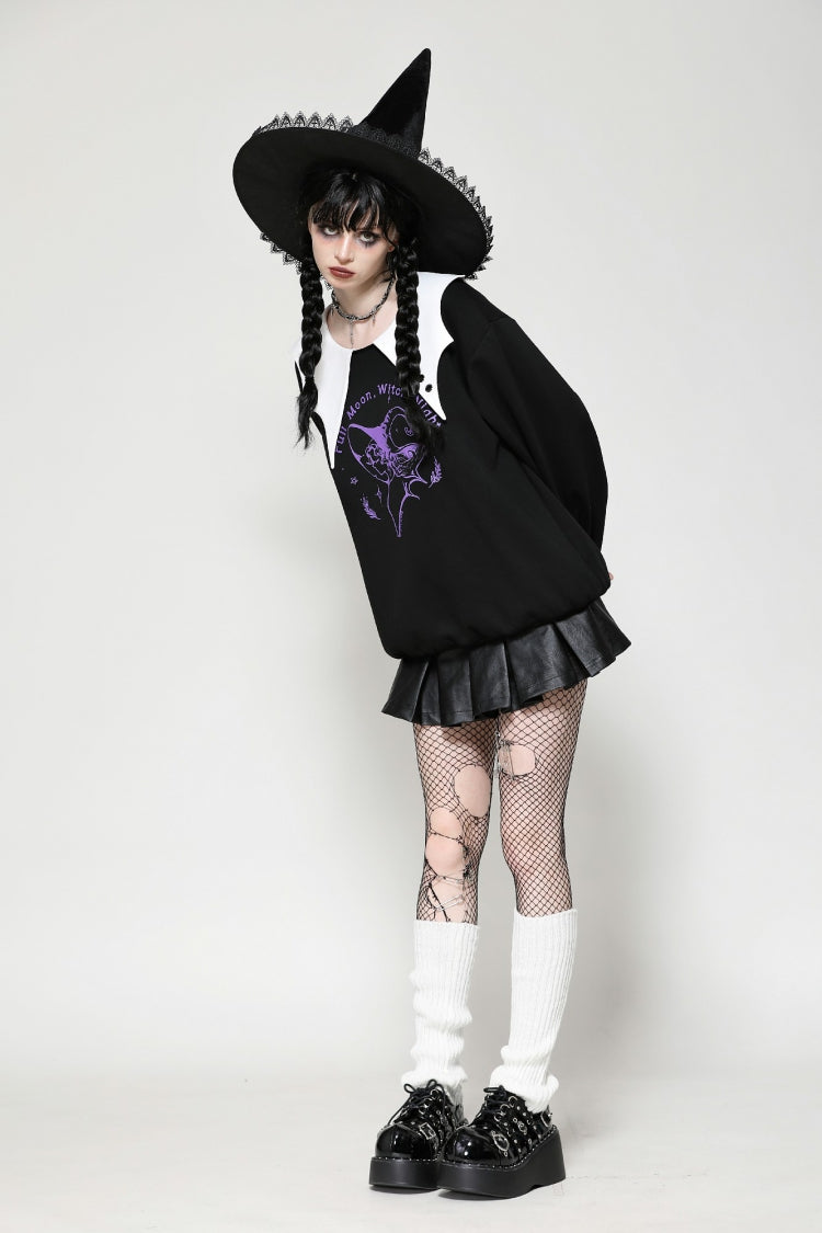 Monochrome Gothic Vintage Sweatshirt with Peter Pan Collar and Long Sleeves