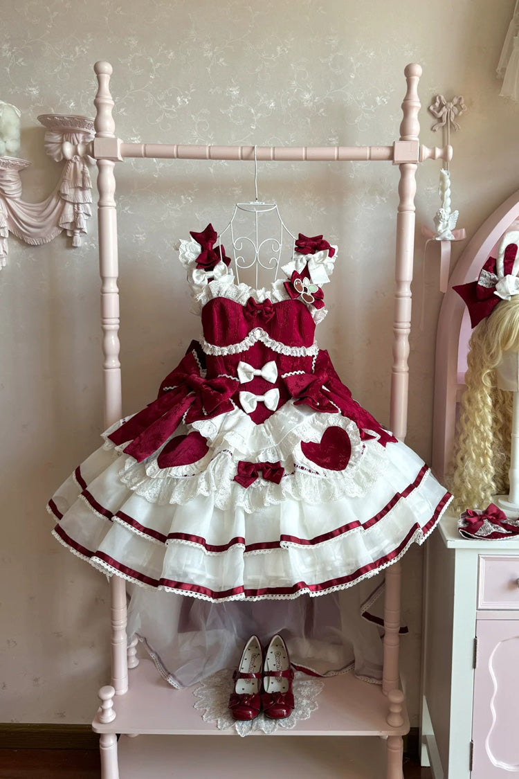 Red [Velvet Rabbit] Sleeveless Multi-Layered Ruffled Bow Sweet Lolita Jsk Dress Set