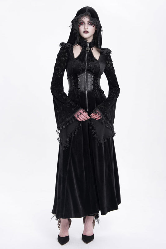 Black Long Sleeves Cutout Embroidered Hooded Ripped Gothic Coat Dress
