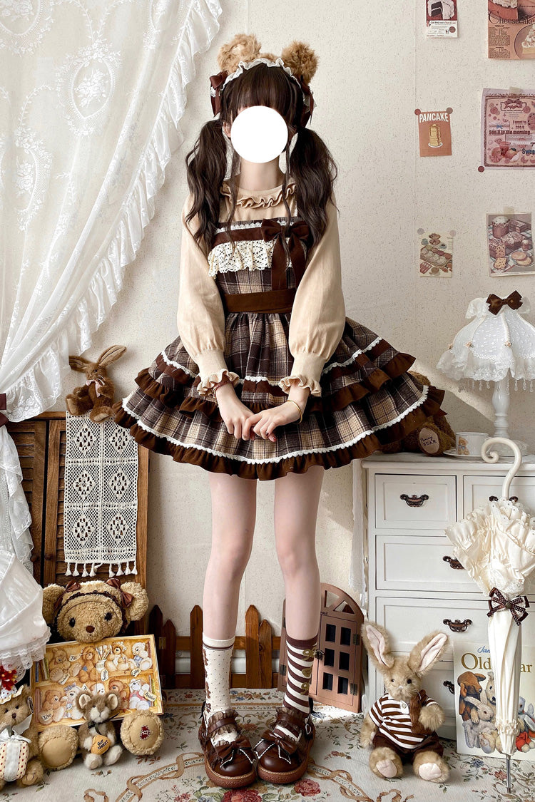 Brown Caramel Cocoa Double-Layered Print Ruffle Bow Sweet Lolita Jsk