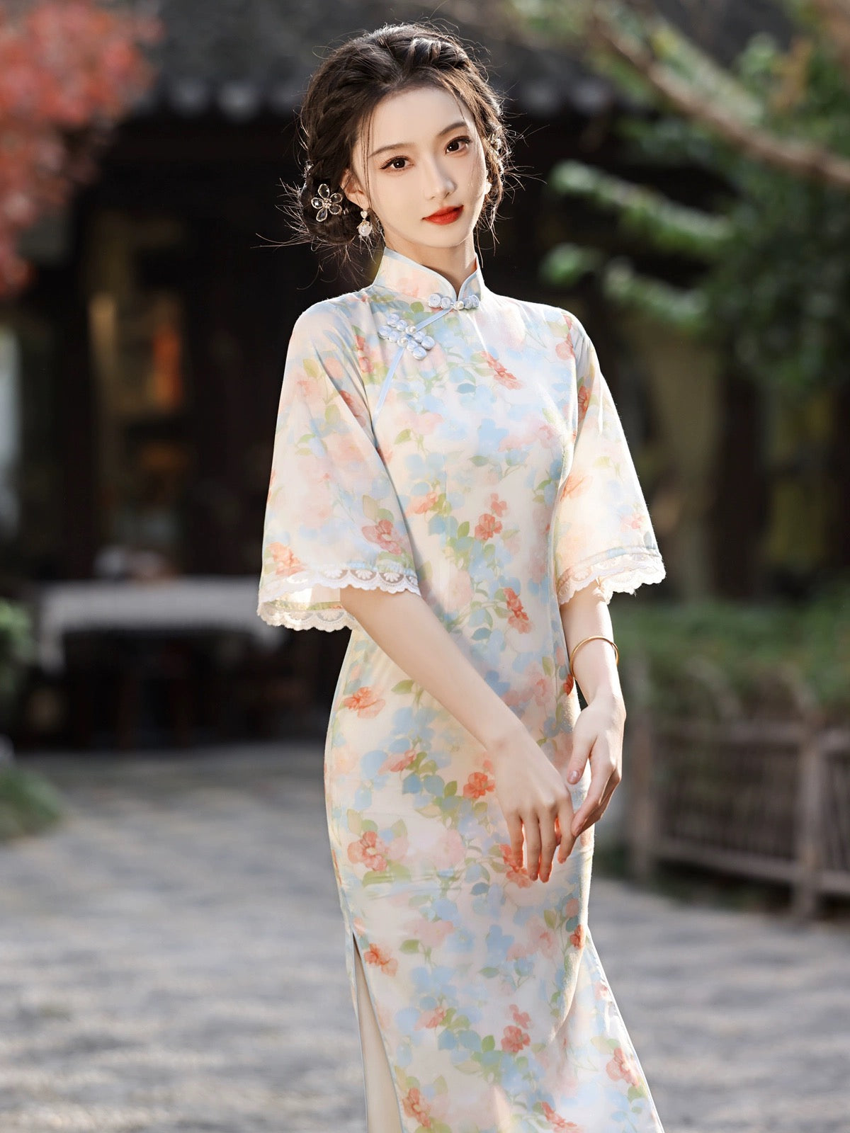 Spring Floral Wide Sleeve Long Cheongsam