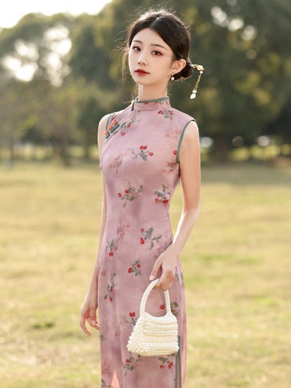 Cherry Blossom Sleeveless Long Cheongsam