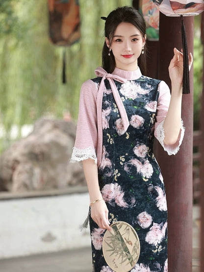 Ribbon Mid Sleeve Long Cheongsam