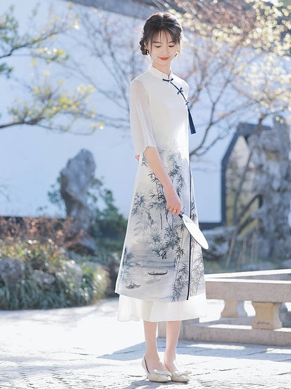 White Elegant Wide Sleeve Long Cheongsam