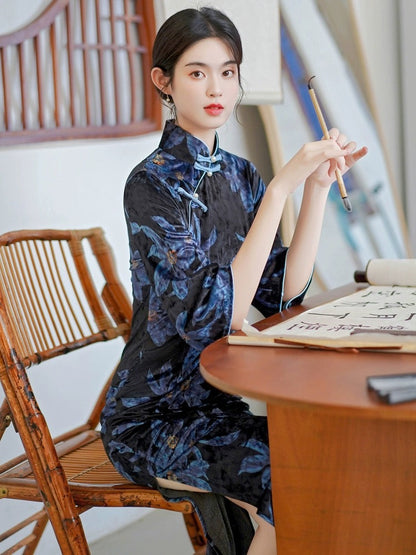 Blue Floral Cheongsam Dress