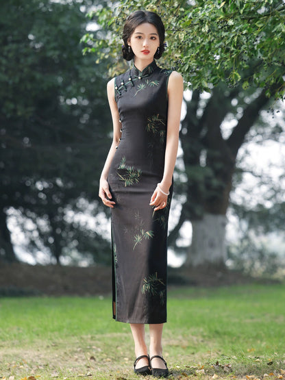 Black with Green Leaves Cheongsam