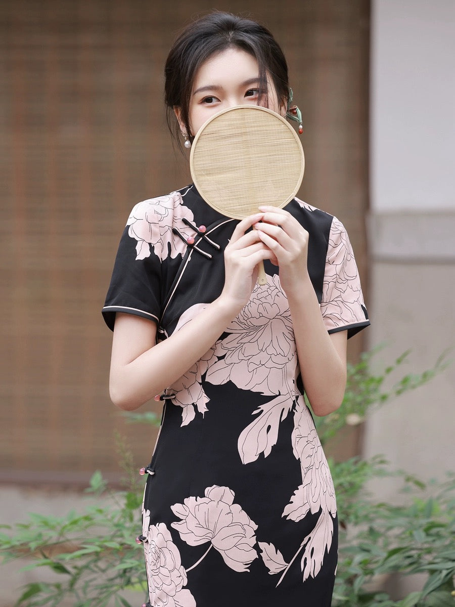 Black with Pink Flowers Cheongsam