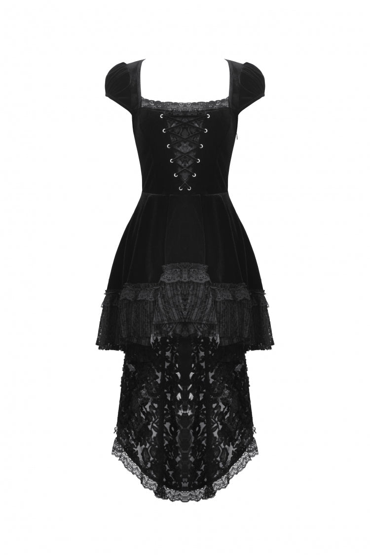 Noir Gothic Velvet Gown with Lace-Up and Square Neckline