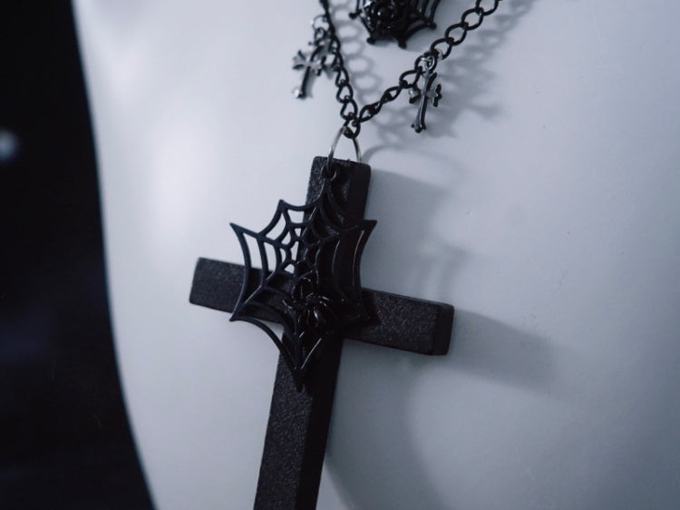 Spider Web Cross Pendant Black Triple Layered Necklace