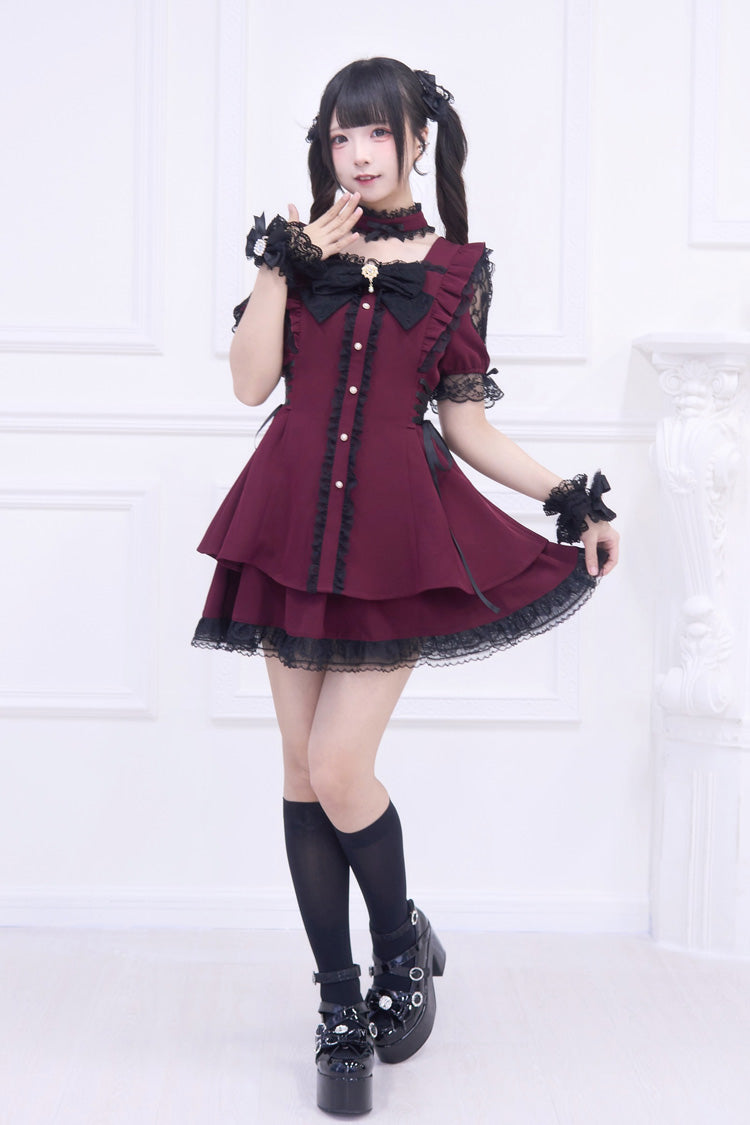 Red Short Sleeve Ruffled Bow Gothic Jirai Kei Dress Set