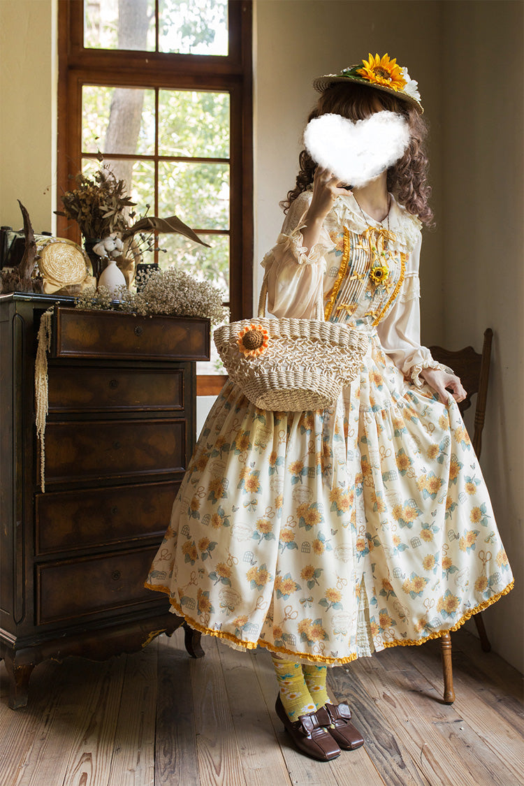 Apricot Sunflower Sleeveless Floral Bow Elegant Jsk Dress