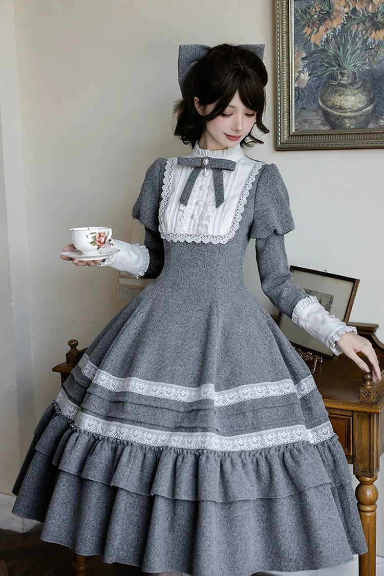 Ash Stand-Collar Ruffled Bow Lolita Gown with Poetry Motif