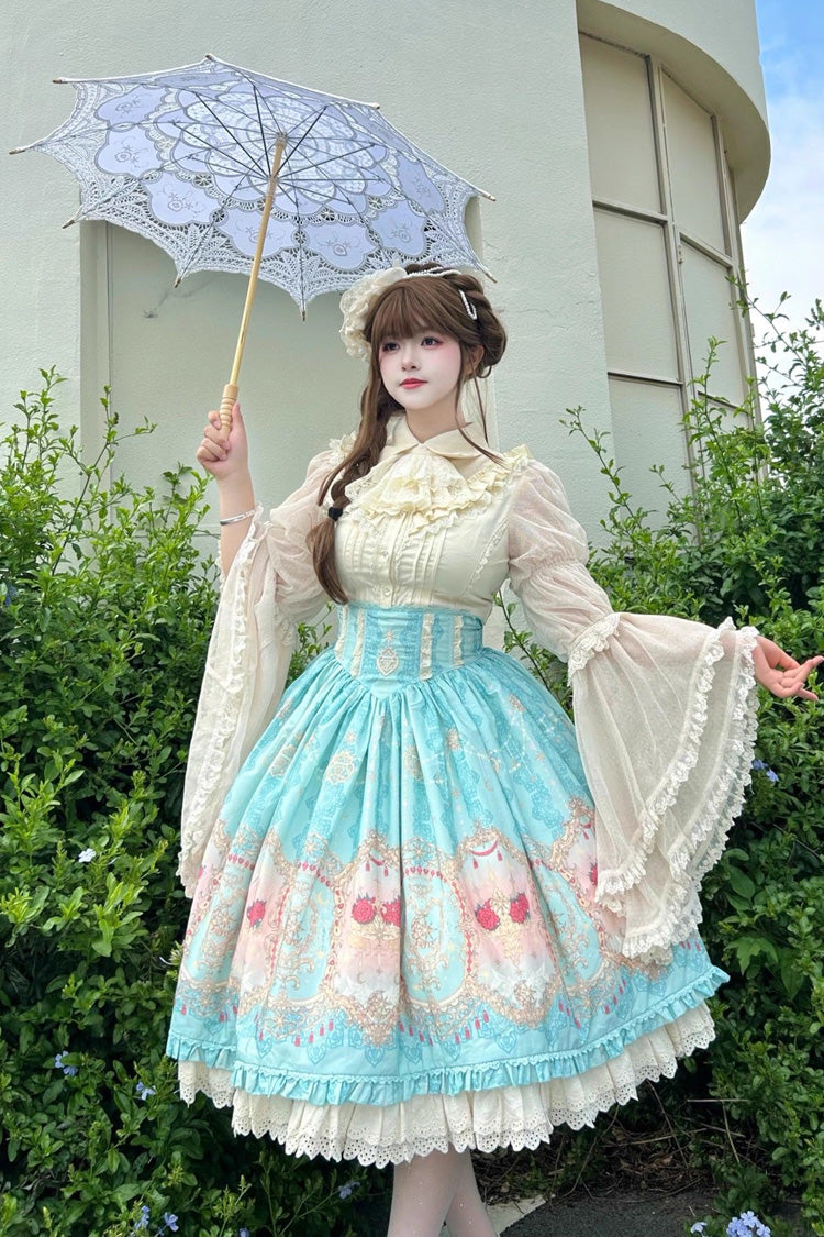 Blue Moonlit Garden Print Ruffle Lace Sweet Palace Lolita Skirt