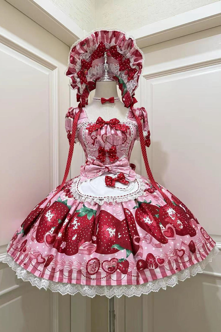 Dream to Strawberry Printed Short Sleeve Ruffle Bow Lace Sweet Lolita OP Dress in Four Colors