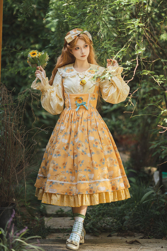 Yellow Sunflower Sleeveless Floral Bow Elegant Uplift Jsk