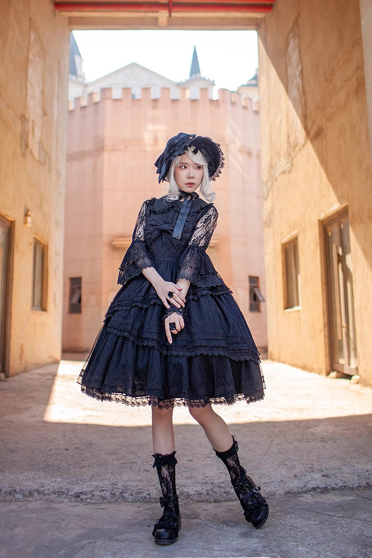 Black Gothic Lolita Dress with Tower of Dawn Bowknot and Ruffled Sleeveless