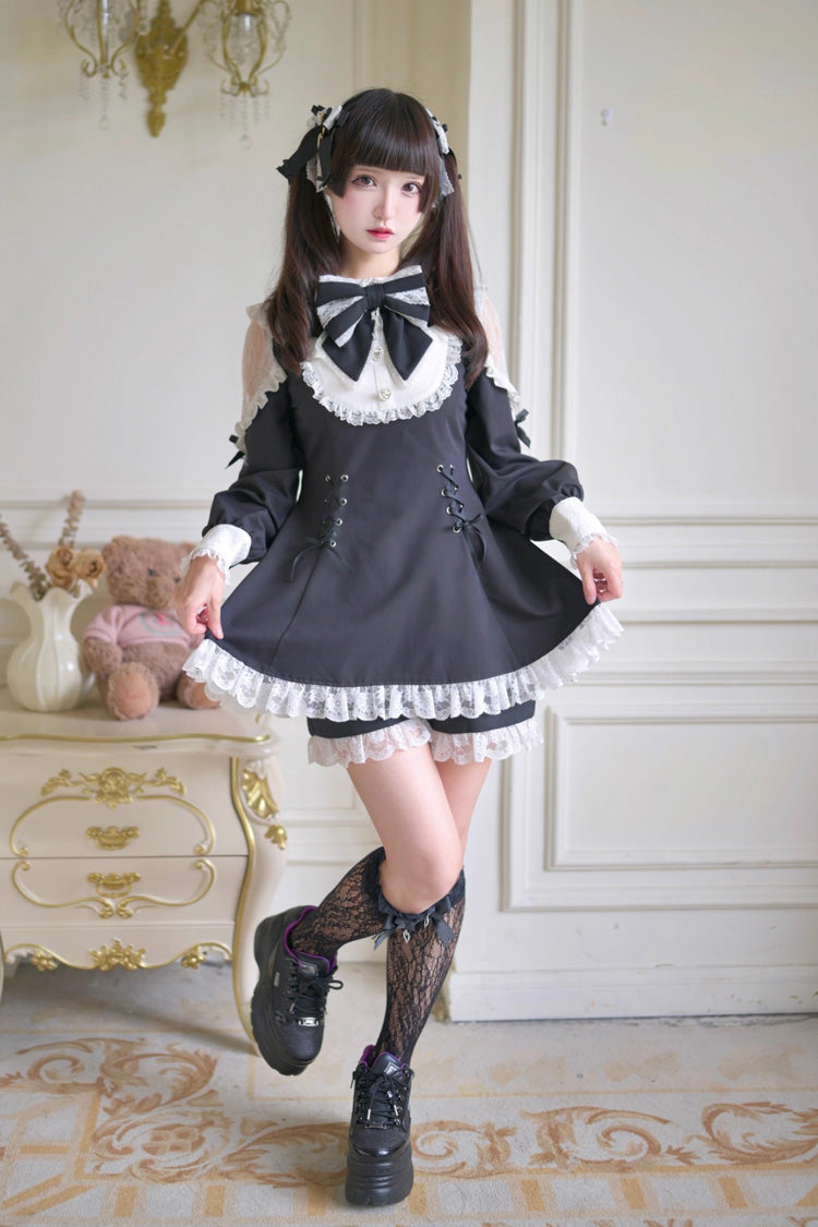 Black White Long Sleeve Hollow Bow Lace Lace-Up Sweet Jirai Kei Shorts Set