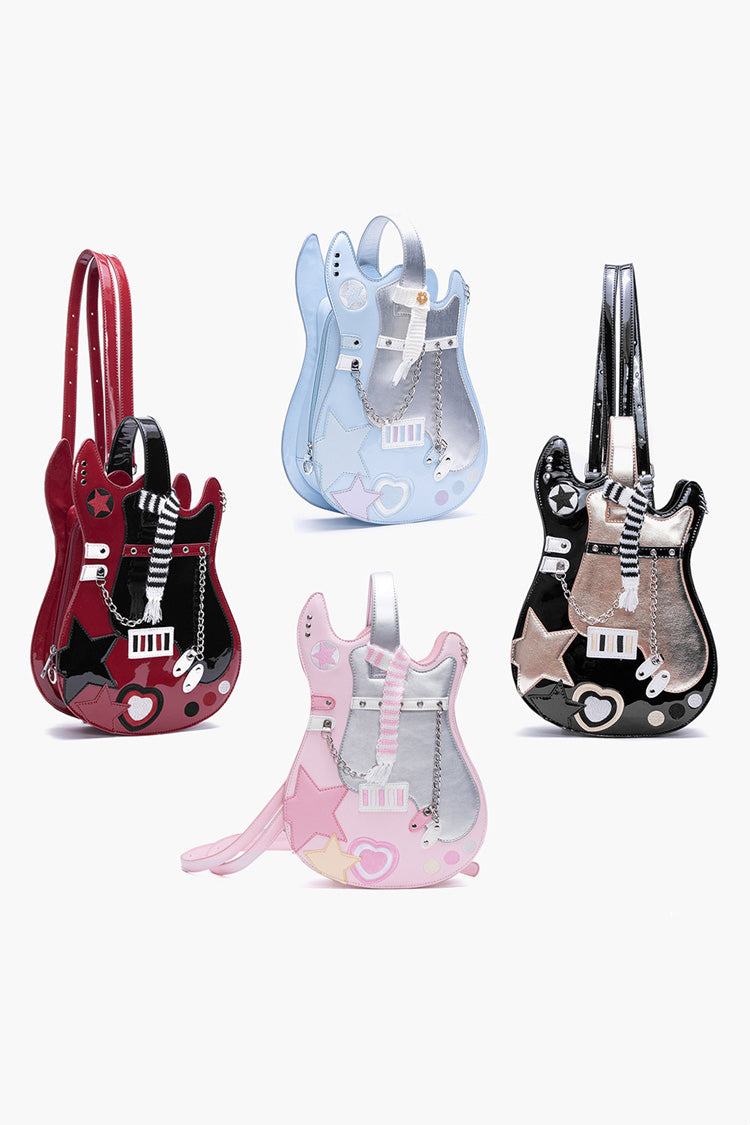Embroidered Itabag with Guitar Heart and Chain, Color-Block Sweet Lolita